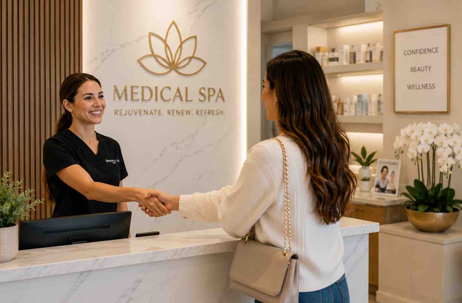 Professional greeting patient in medical spa